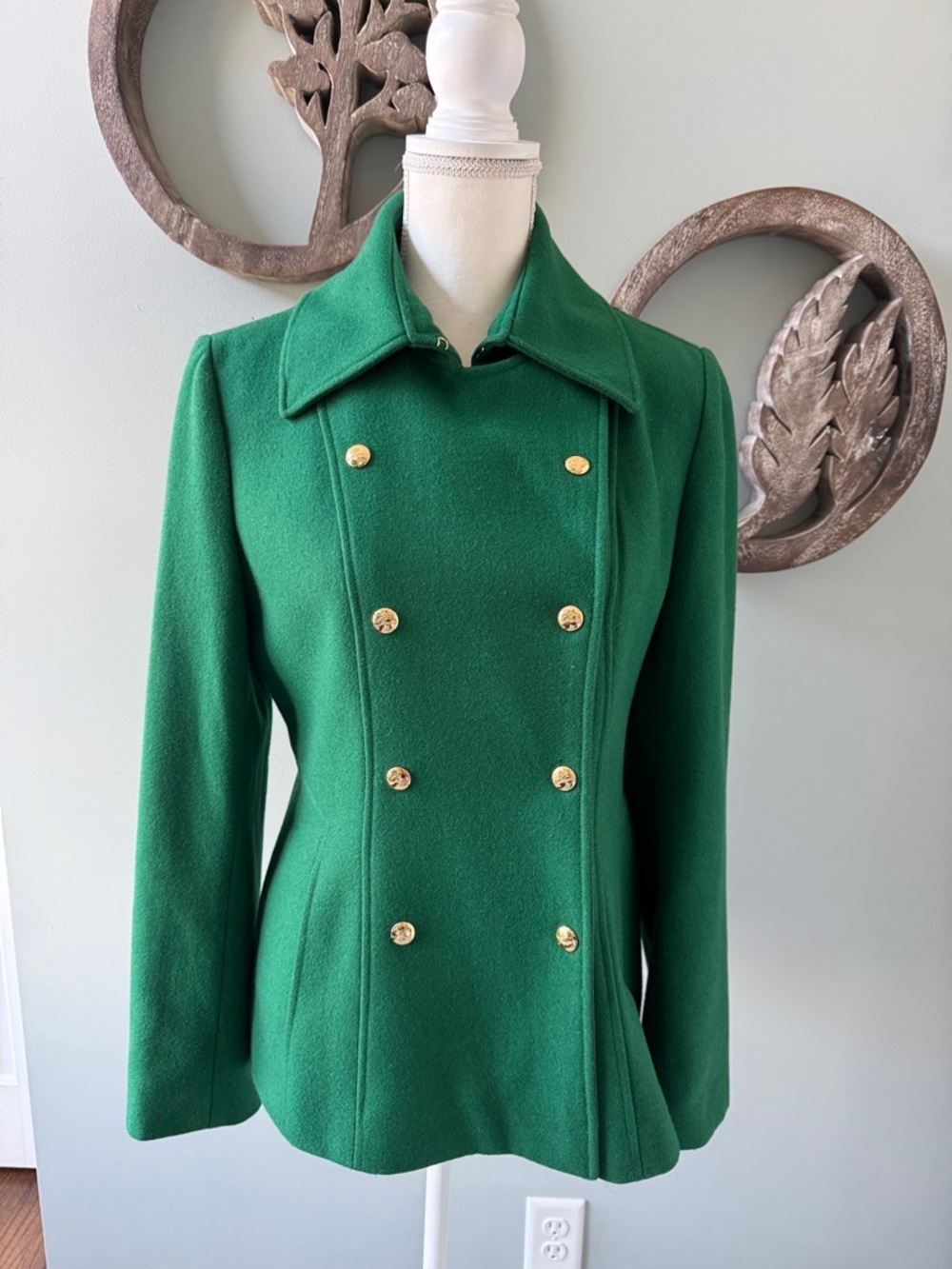 Guess Emerald Green Double-Breasted Pea Coat with Gold Buttons. Size M